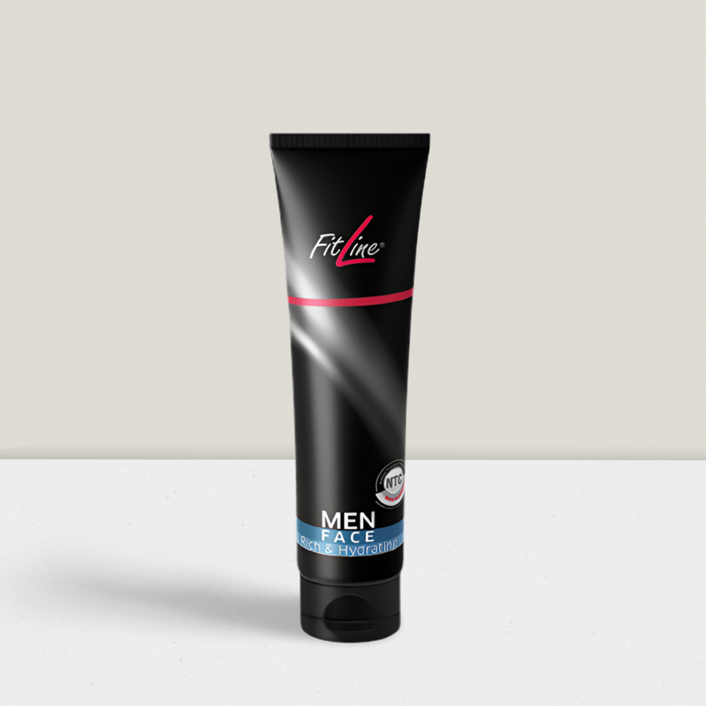 Schwarze Kosmetiktube mit blauem Streifen.