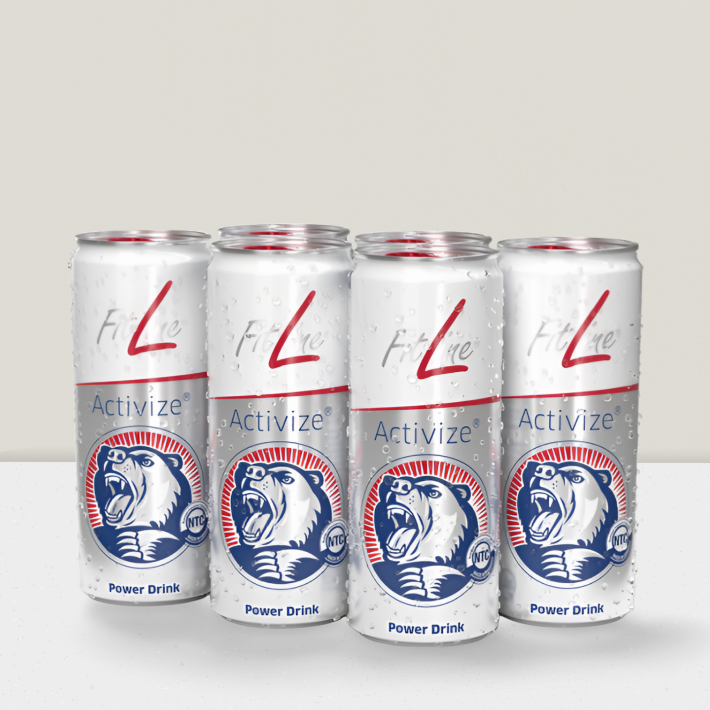 Weiße Dose mit Bärenlogo und rotem Streifen.