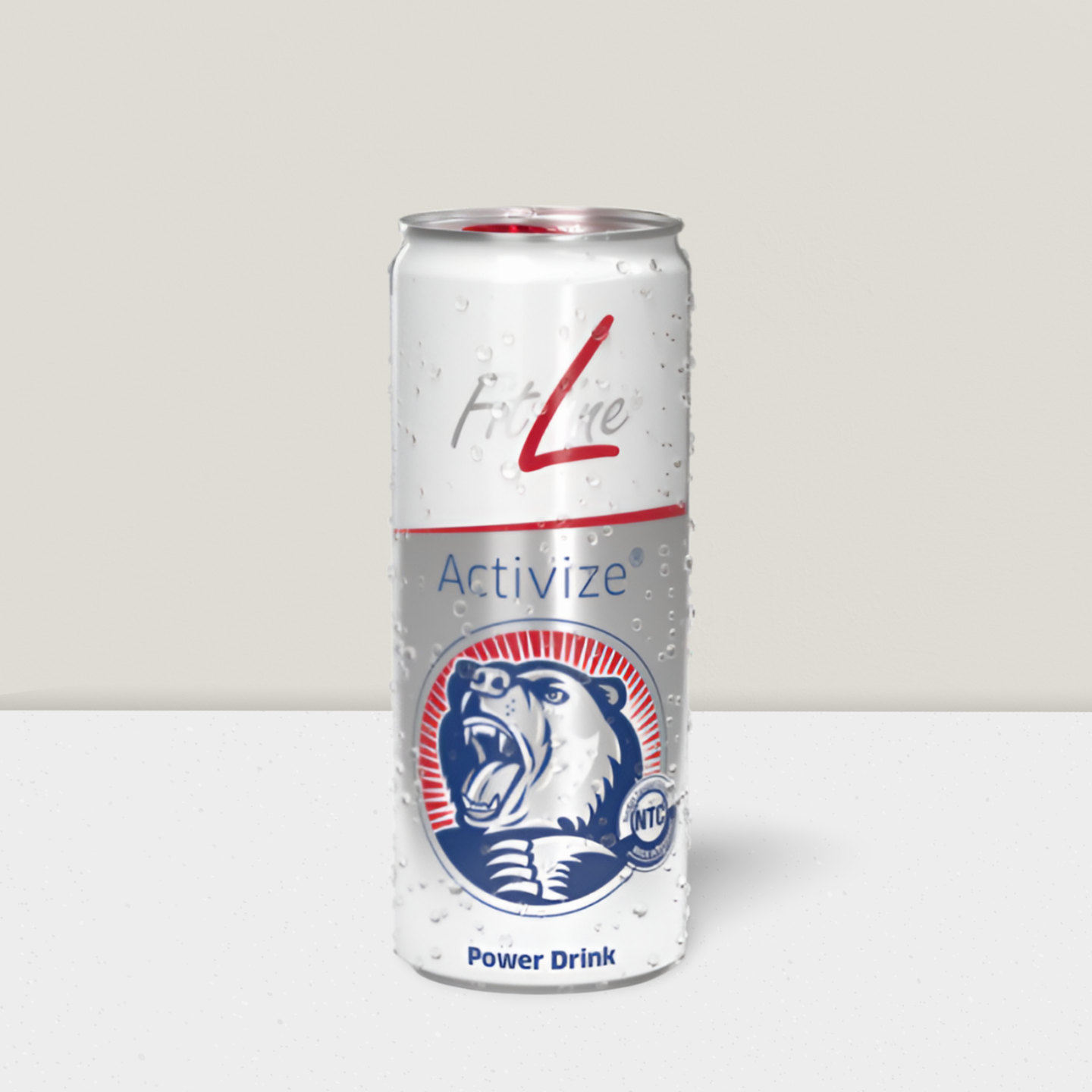 Weiße Dose mit blauem Bärenlogo, rotem Akzent und offener Oberseite.