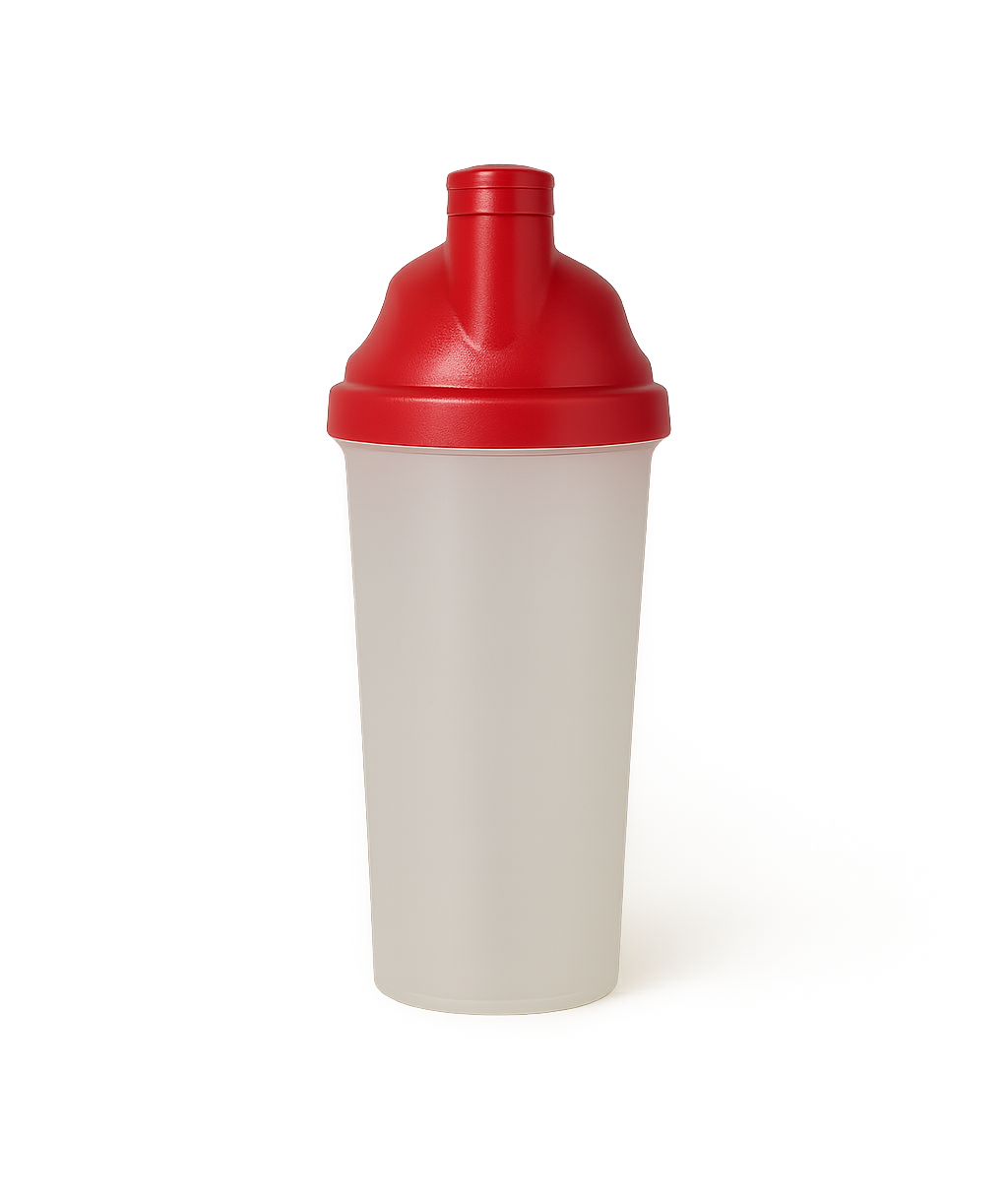 Rote, mattierte Kunststoff-Shakerflasche, aufrecht stehend.