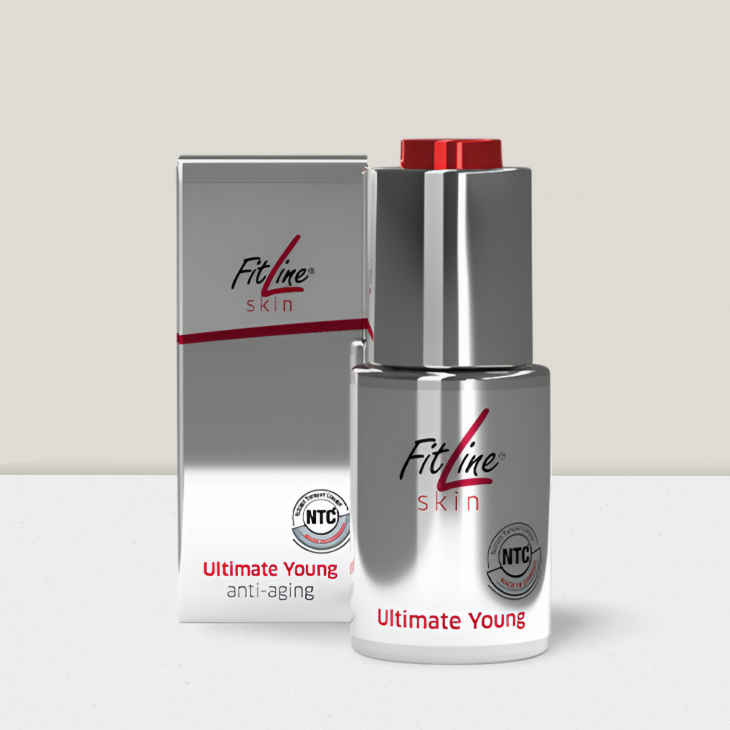 Weiße Serumflasche mit Pipette und passender Schachtel.