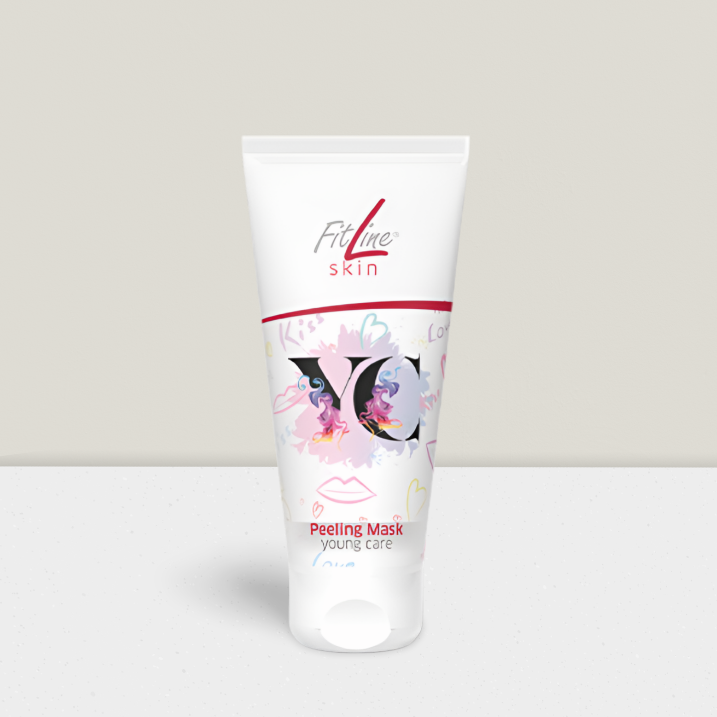 Weiße Kosmetiktube mit hellgrauem Swoosh-Design.