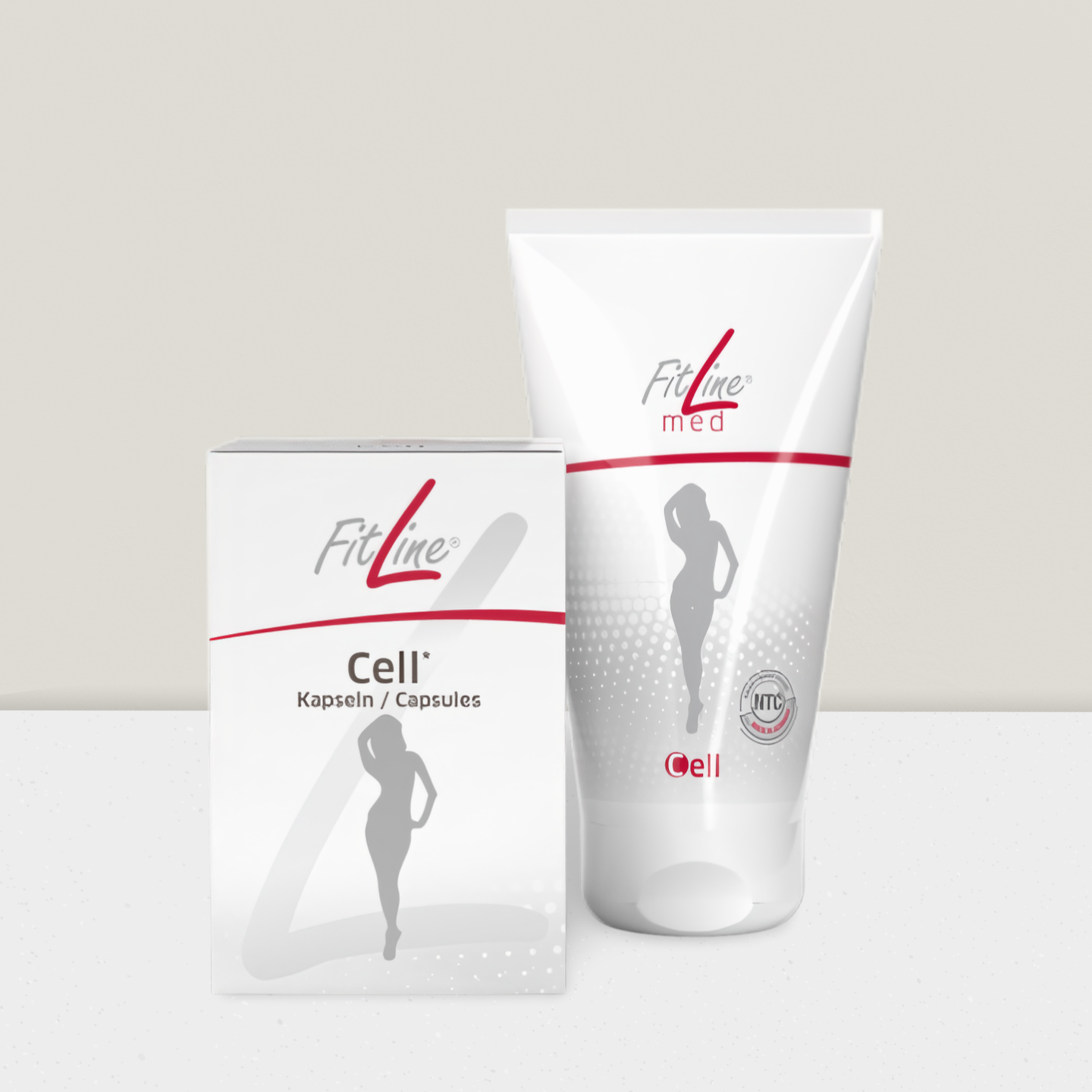 Weiße Tube mit auslaufendem, klarem Gel; Silhouette einer Figur auf der Vorderseite.