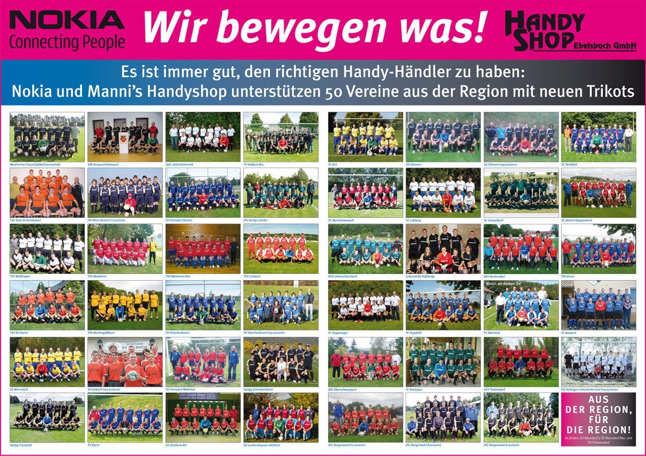 Werbung für Nokia und Manni's Handyshop, in der zahlreiche Sportmannschaften in neuen Trikots gezeigt werden.