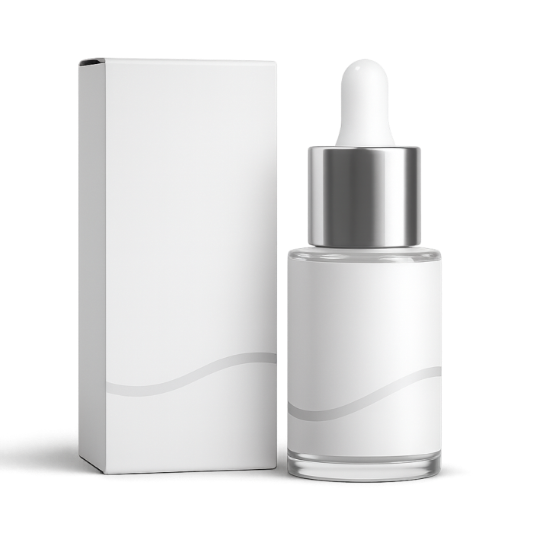 Weiße Serumflasche mit Pipette und passender Schachtel.