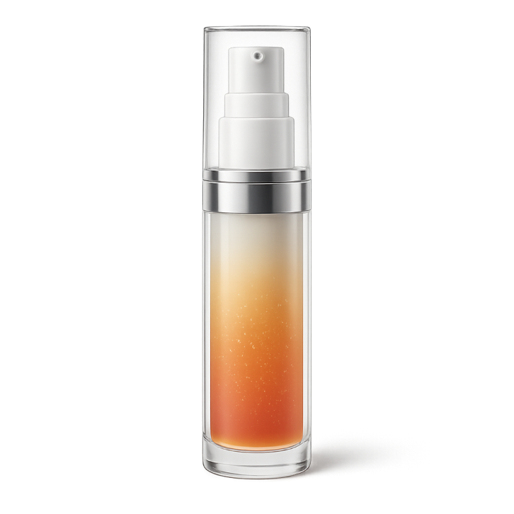 Flasche mit orangefarbenem Serum, weißer Pumpe und silbernem Ring. Transparente Flasche mit Farbverlauf.