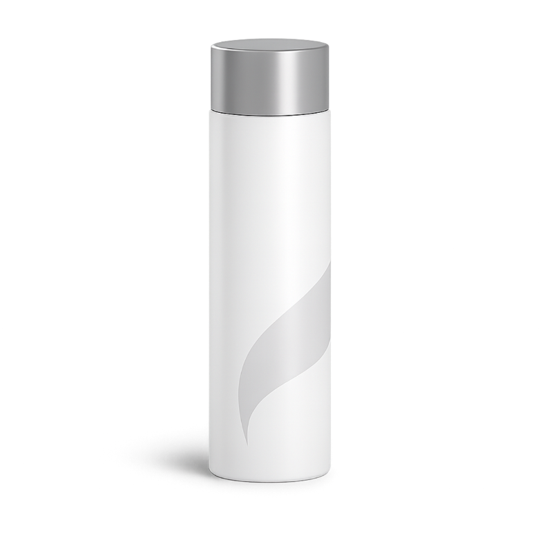 Weiße, zylindrische Flasche mit silbernem Verschluss und hellgrauem, geschwungenem Design.