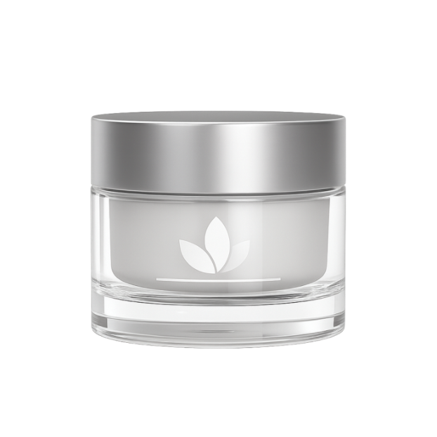 Cremetiegel mit silbernem Deckel, weißer Creme und einem Blattlogo auf einem durchsichtigen Glastiegel.