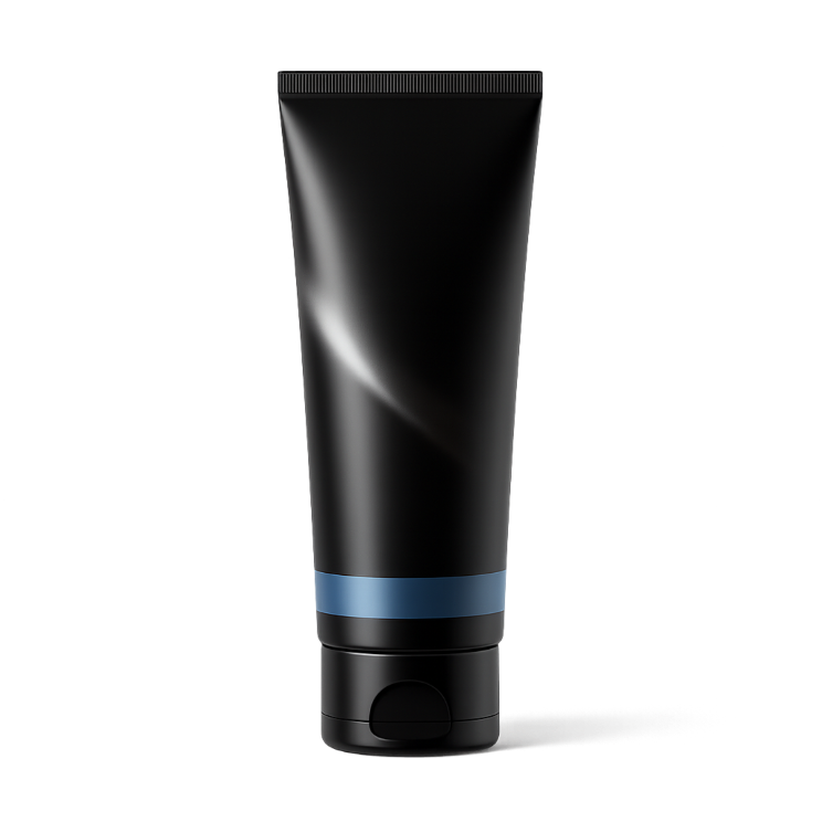 Schwarze Kosmetiktube mit blauem Streifen.