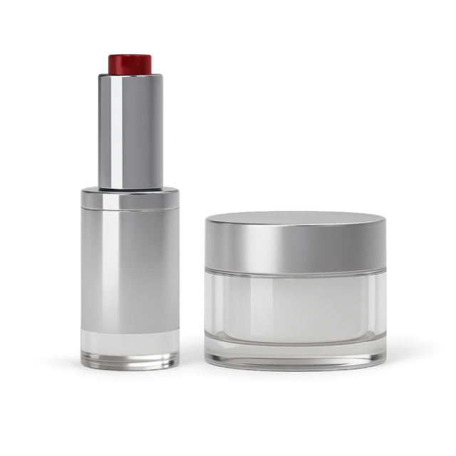 Silberne Lippenstifthülse und Cremetiegel auf weißem Hintergrund.