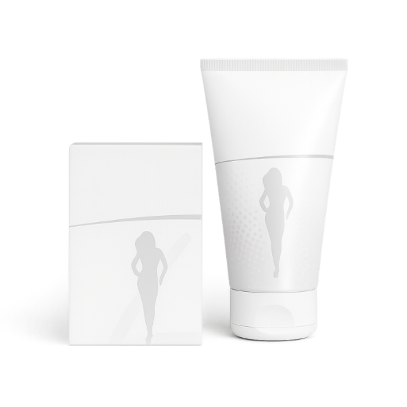 Weiße Kosmetikproduktverpackung und -tube mit Personensilhouette.