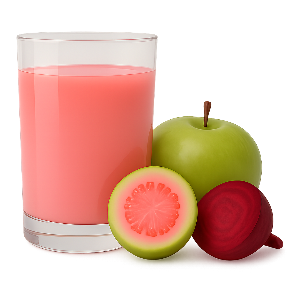 Ein Glas rosa Saft neben einem grünen Apfel, einer halben Guave und einer roten Bete.