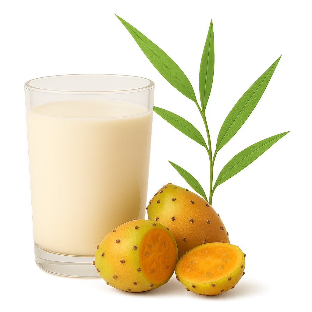 Ein Glas mit einem hellen Getränk neben Kaktusfeigen und grünen Blättern.