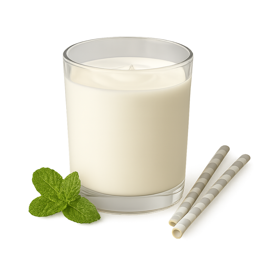 Ein Glas Weißgetränk mit Minzzweig und zwei Waffelstäbchen.