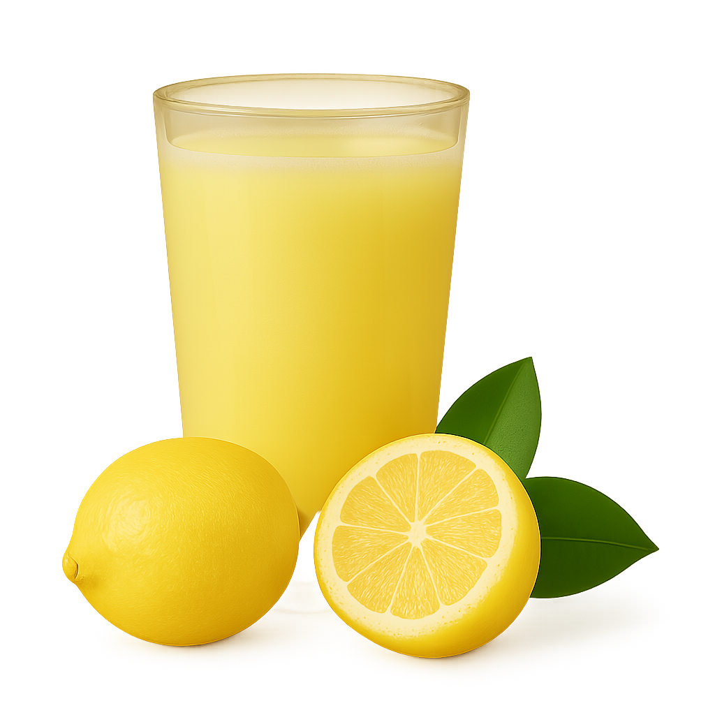 Ein Glas gelbe Limonade mit Zitronen und grünen Blättern.