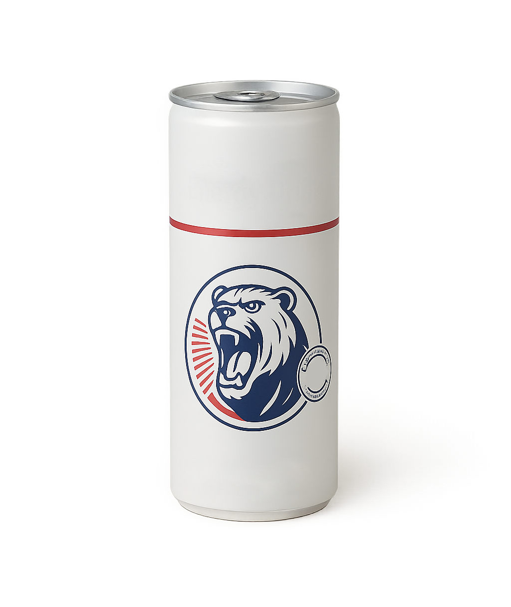 Weiße Dose mit blauem Bärenlogo, rotem Akzent und offener Oberseite.