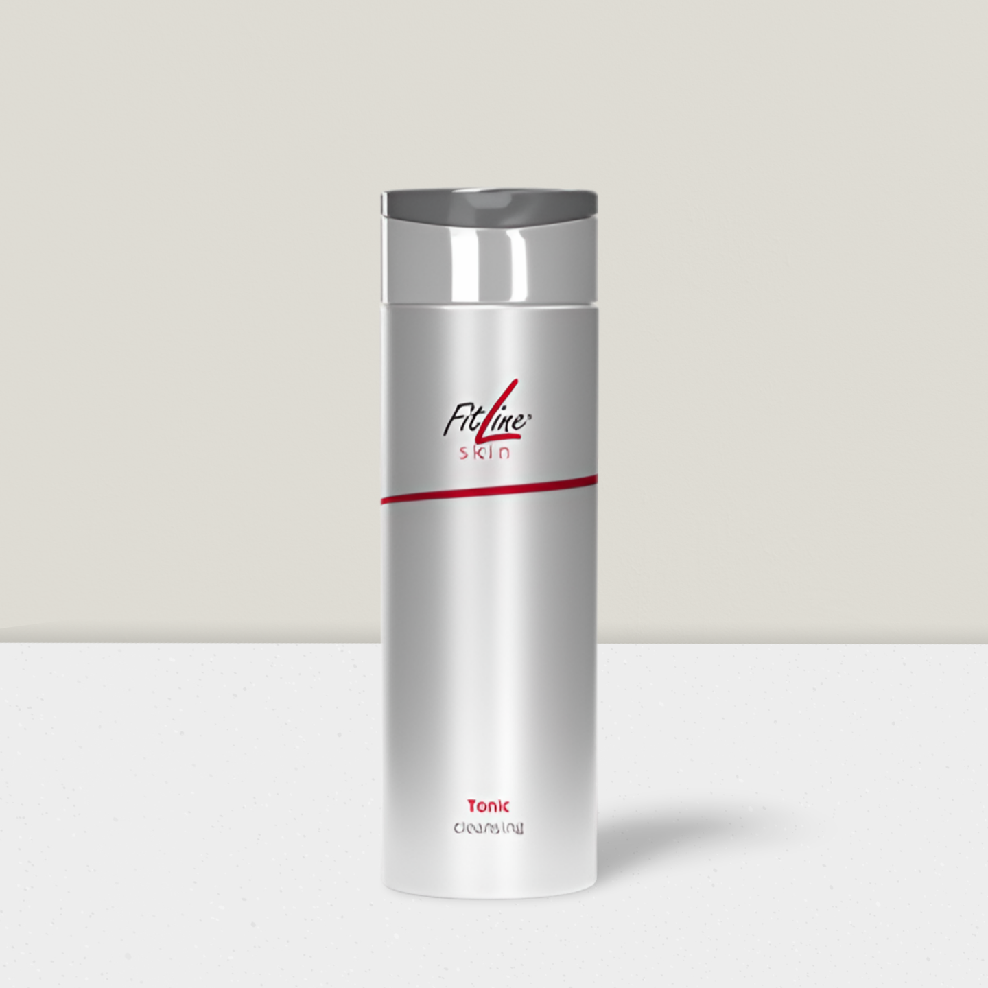 Weiße, zylindrische Flasche mit silbernem Verschluss und hellgrauem, geschwungenem Design.