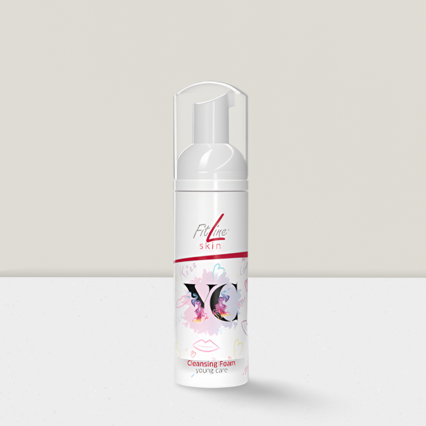 Weiße Schaumstoff-Pumpflasche mit abstrakten pfirsichfarbenen und hellbraunen Kreisen.