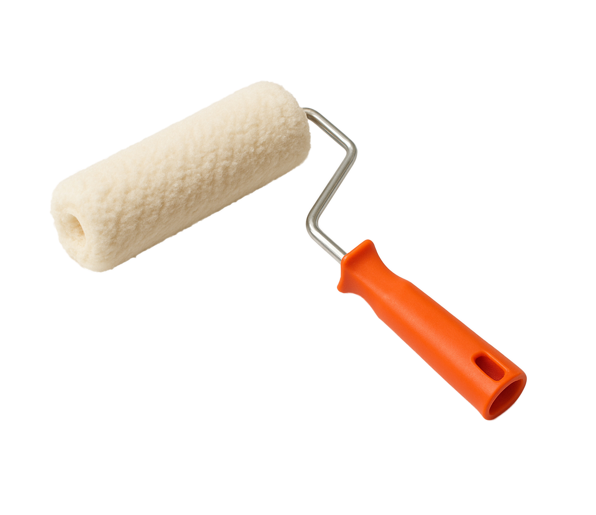 Rouleau à peinture avec manche orange, tête de rouleau crème, fond blanc.