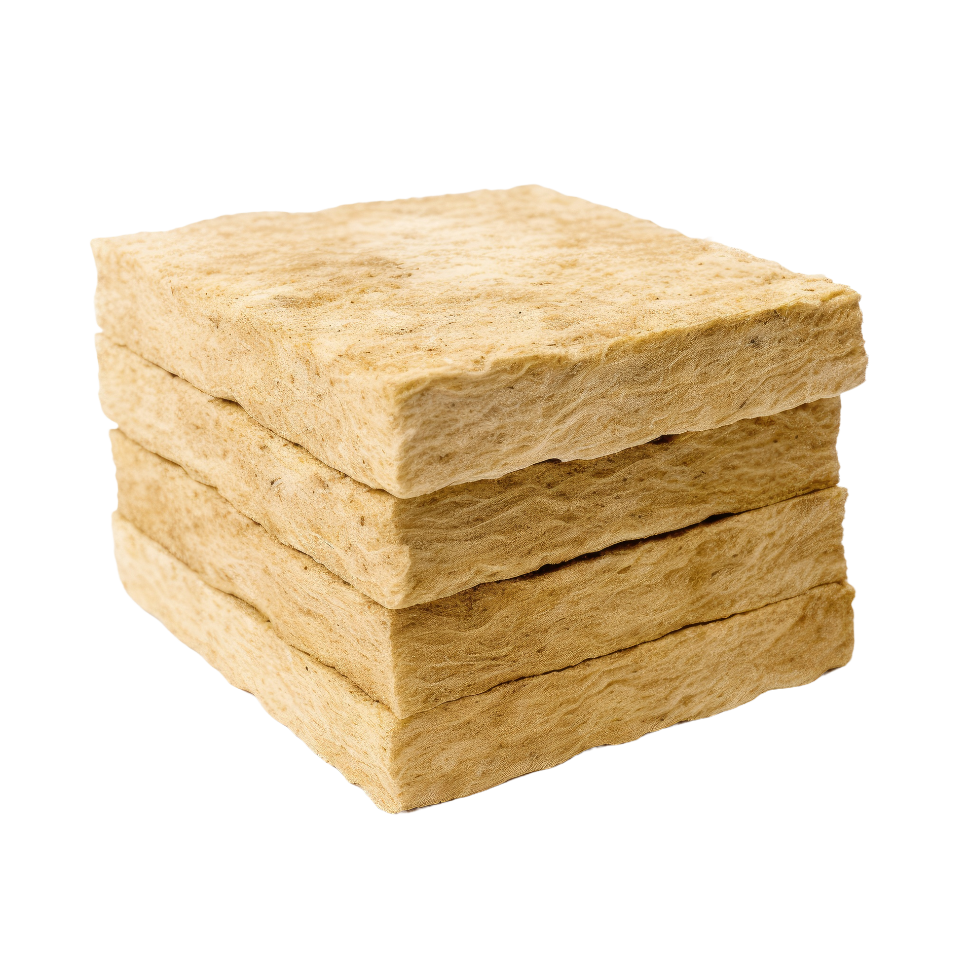 Pile de panneaux isolants de couleur beige, probablement destinés à la construction ou à l'insonorisation.