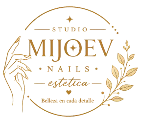 Logo dorado de Studio MIJOEV Nails Estetica con manos, hojas y el texto “Belleza en cada detalle”