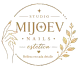 Logo dorado de Studio MIJOEV Nails Estetica con manos, hojas y el texto &ldquo;Belleza en cada detalle&rdquo;