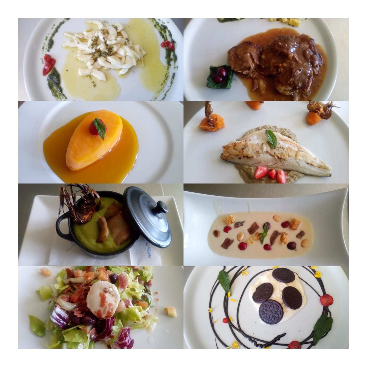 Surtido de ocho platos elegantemente presentados con diversos elementos culinarios y guarniciones, que muestran una alta cocina.