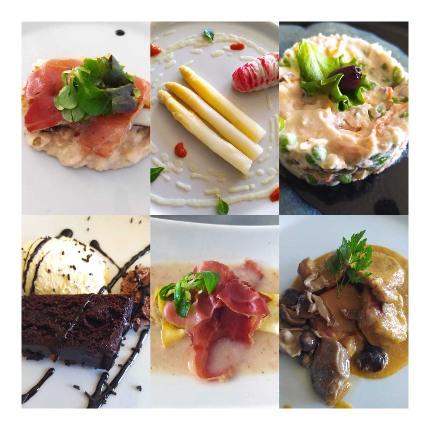 Un collage de seis platos de restaurante: aperitivos, platos principales y postre, con ingredientes y presentación variados.