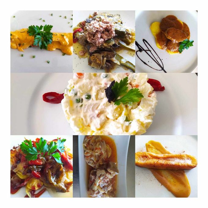 Collage de nueve platos en platos blancos, incluyendo ensaladas, carnes y aperitivos.
