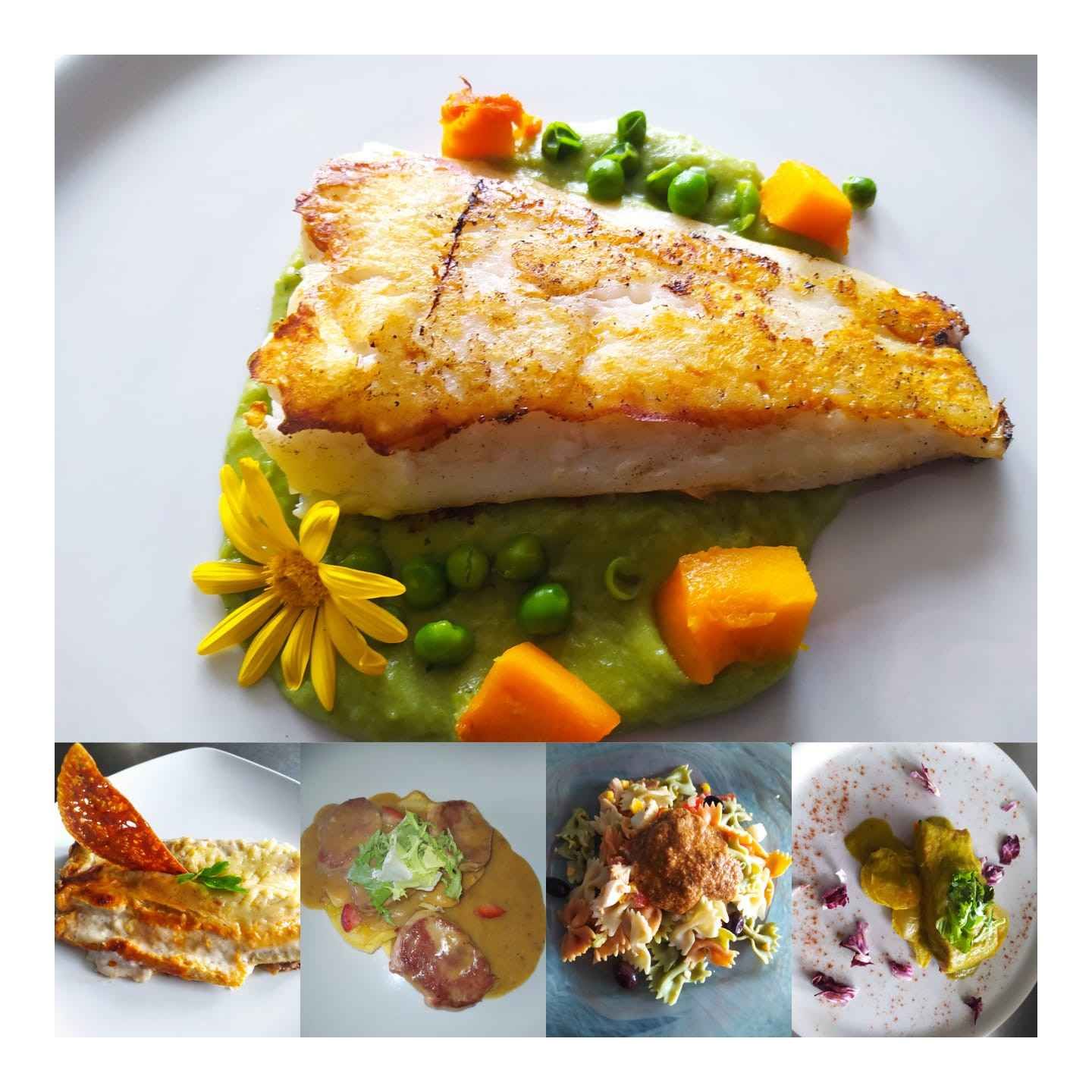 Pescado salteado sobre puré de guisantes, adornado con guisantes, calabaza y flores.