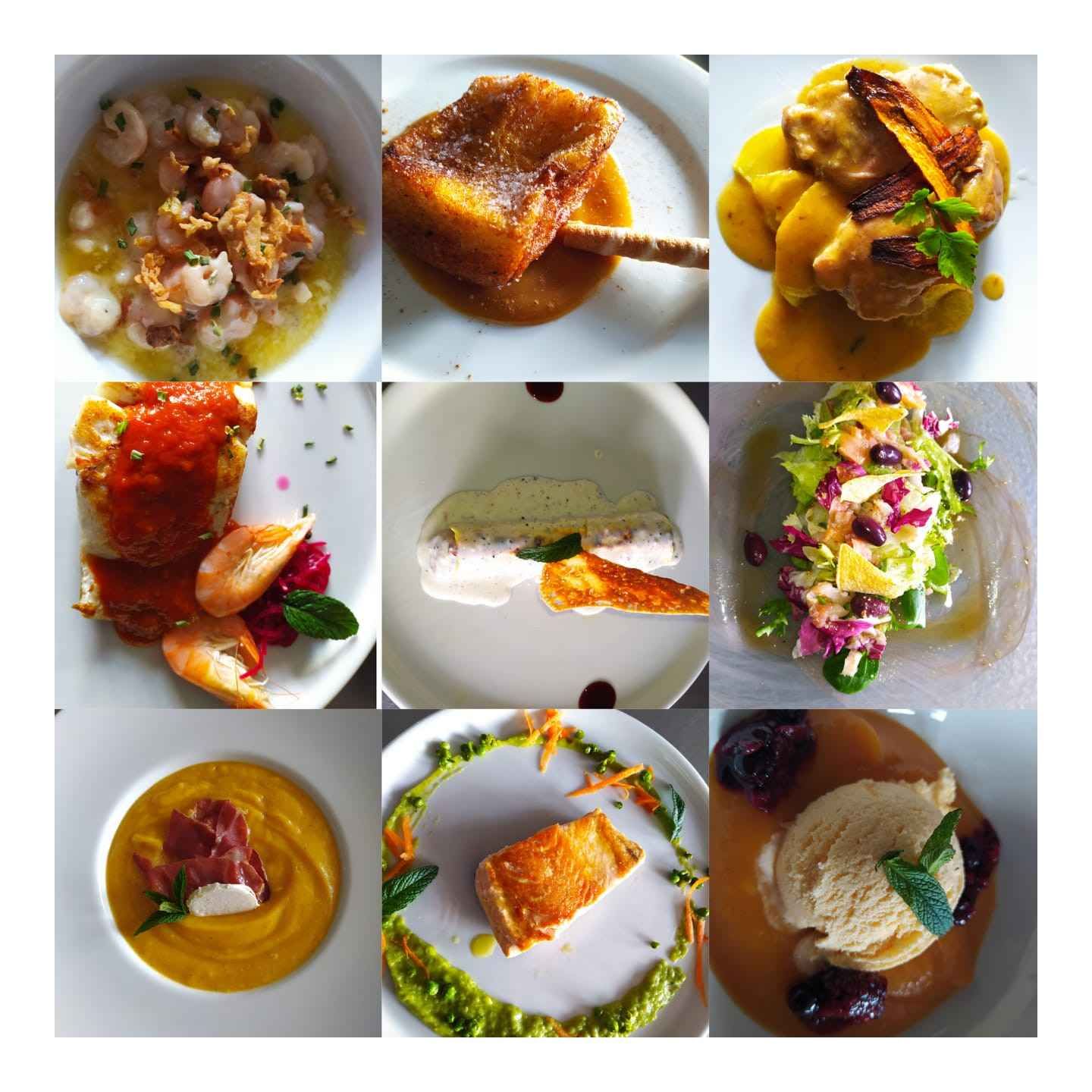 Nueve platos en platos blancos dispuestos en cuadrícula, con diversas presentaciones de comida gourmet y coloridas.