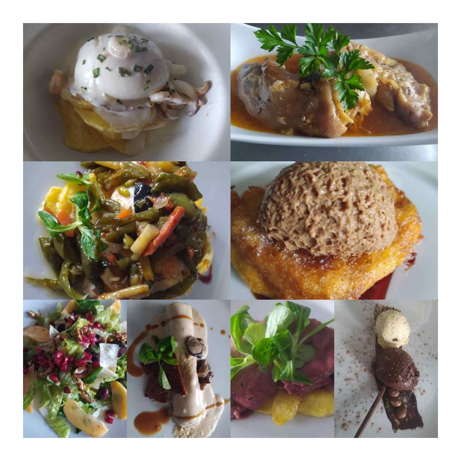 Collage de varios platos de comida: huevos, carne, verduras, ensalada, postre.