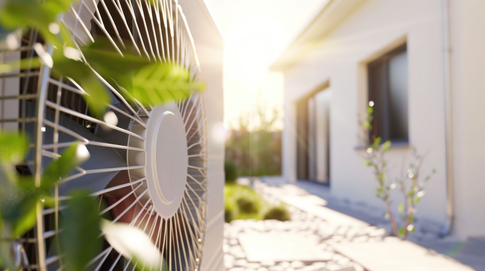 Unité de pompe à chaleur extérieure près d'une maison moderne, avec un arrière-plan ensoleillé et verdoyant.