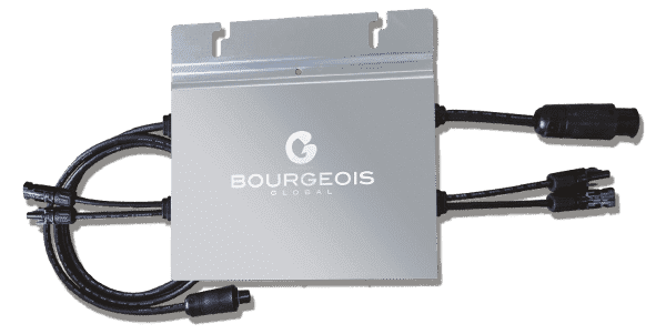 Un micro-onduleur solaire Bourgeois Gobal, argenté, avec câbles et connecteurs noirs sur fond blanc.