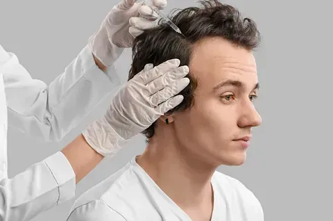 Un médico le está poniendo una inyección en el cabello a un hombre.