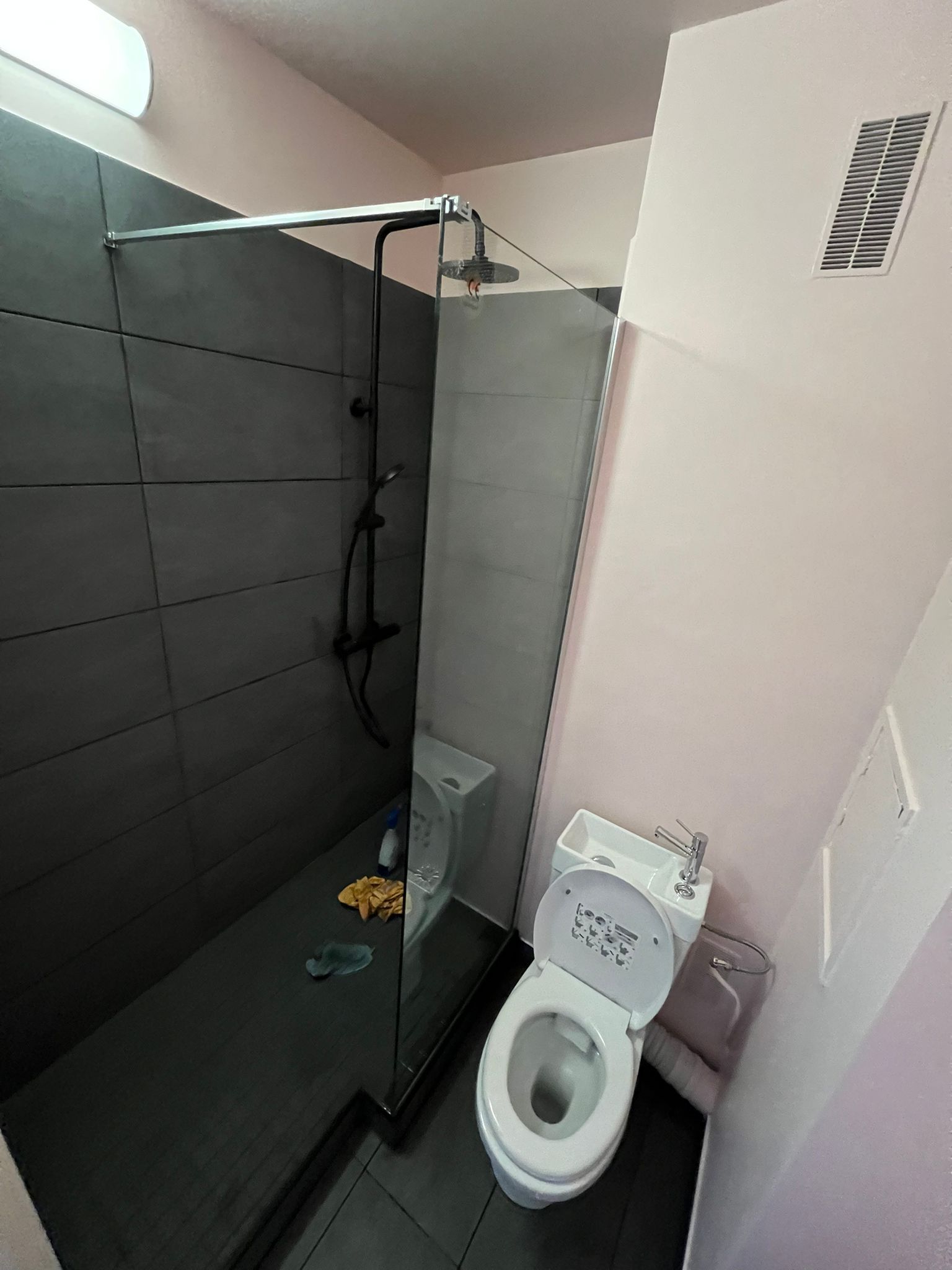 Toilettes à côté d'une douche d'angle