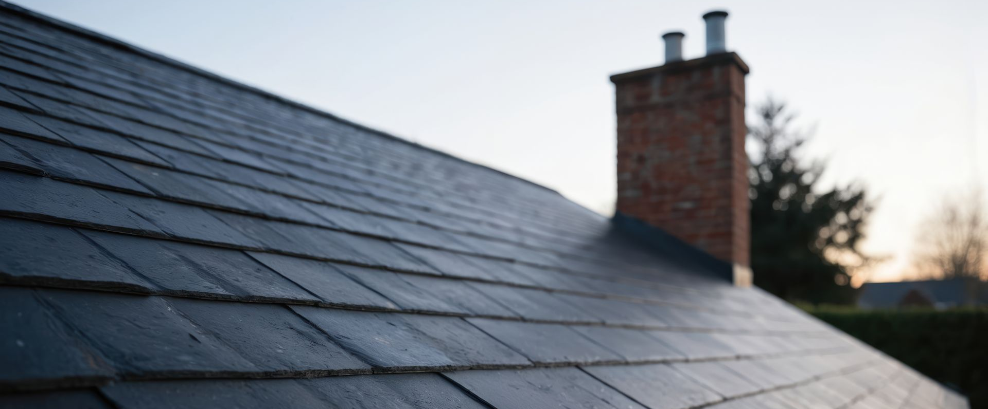 Gros plan sur un toit de tuiles et une cheminée en briques avec deux conduits métalliques, sur fond de ciel pâle.