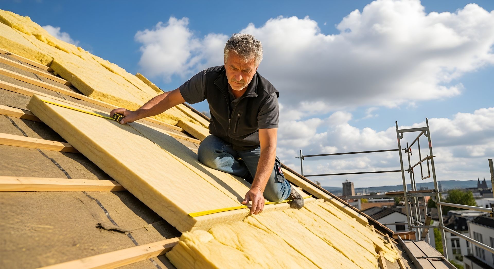 Un homme installe de l'isolant sur un toit, par une journée ensoleillée.