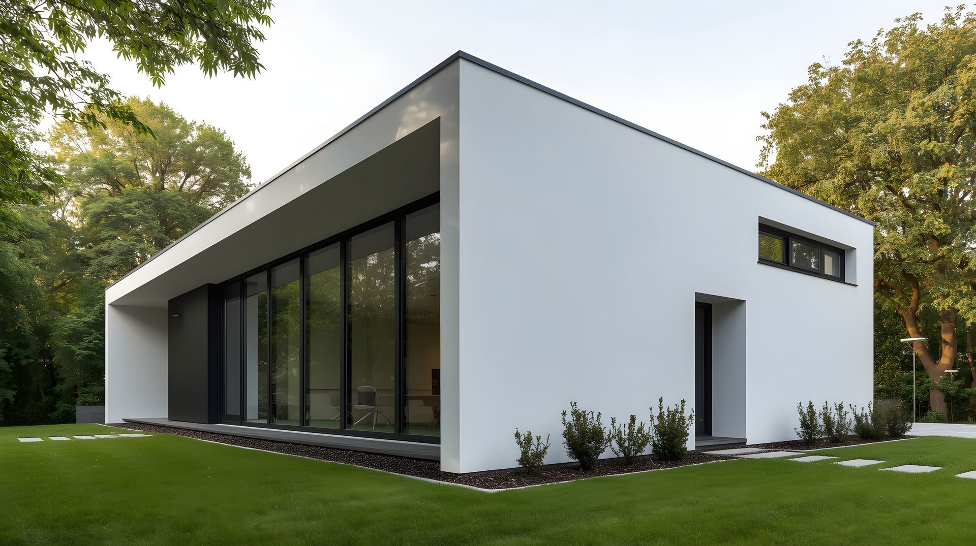 Maison rectangulaire blanche moderne avec de grandes fenêtres, des boiseries foncées et une pelouse verte.