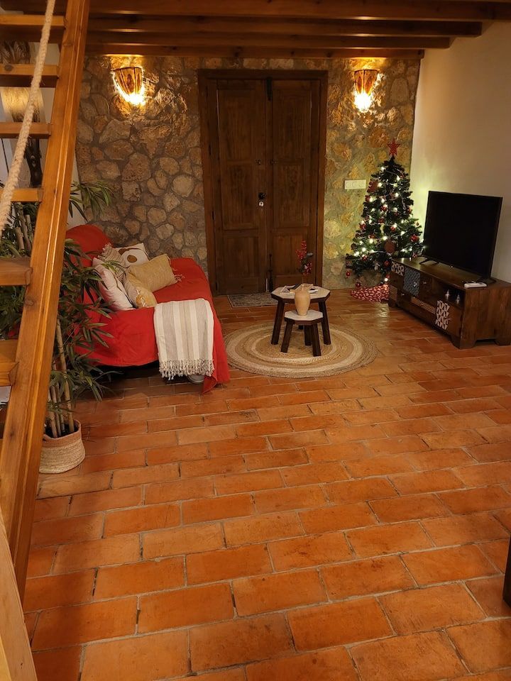 Una sala de estar con un sofá, televisión y un árbol de Navidad.