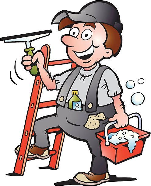 Fensterputzer auf einer Leiter, mit Abzieher und Eimer mit Seifenwasser.