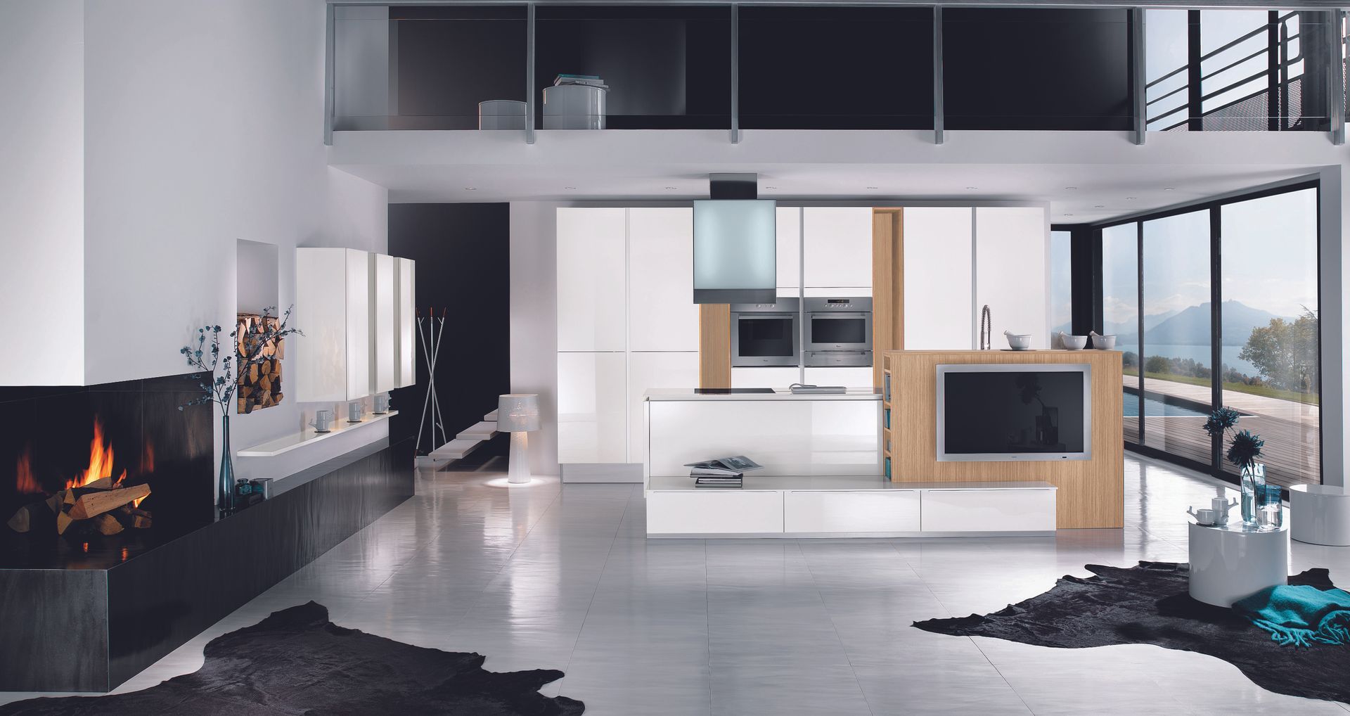 Modèle 3D d'un grand salon avec cheminée