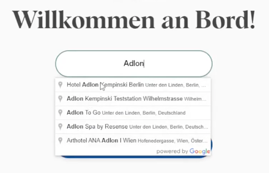 Ein Screenshot einer Website mit der Aufschrift „Willkommen an Bord“.