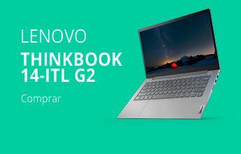 Anuncio del portátil Lenovo ThinkBook 14-IIL G2 sobre fondo turquesa con el texto “Comprar”.