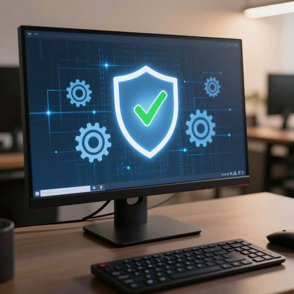 Monitor de ordenador que muestra un escudo de seguridad azul con engranajes sobre un escritorio junto a un teclado.