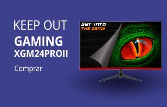 Anuncio de monitor para juegos KEEP OUT XGM24PROII, fondo morado, texto