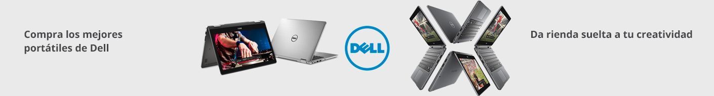 Banner promocional con portátiles Dell y un ordenador de sobremesa XPS en el centro, además de un pequeño texto en español sobre un fondo blanco.