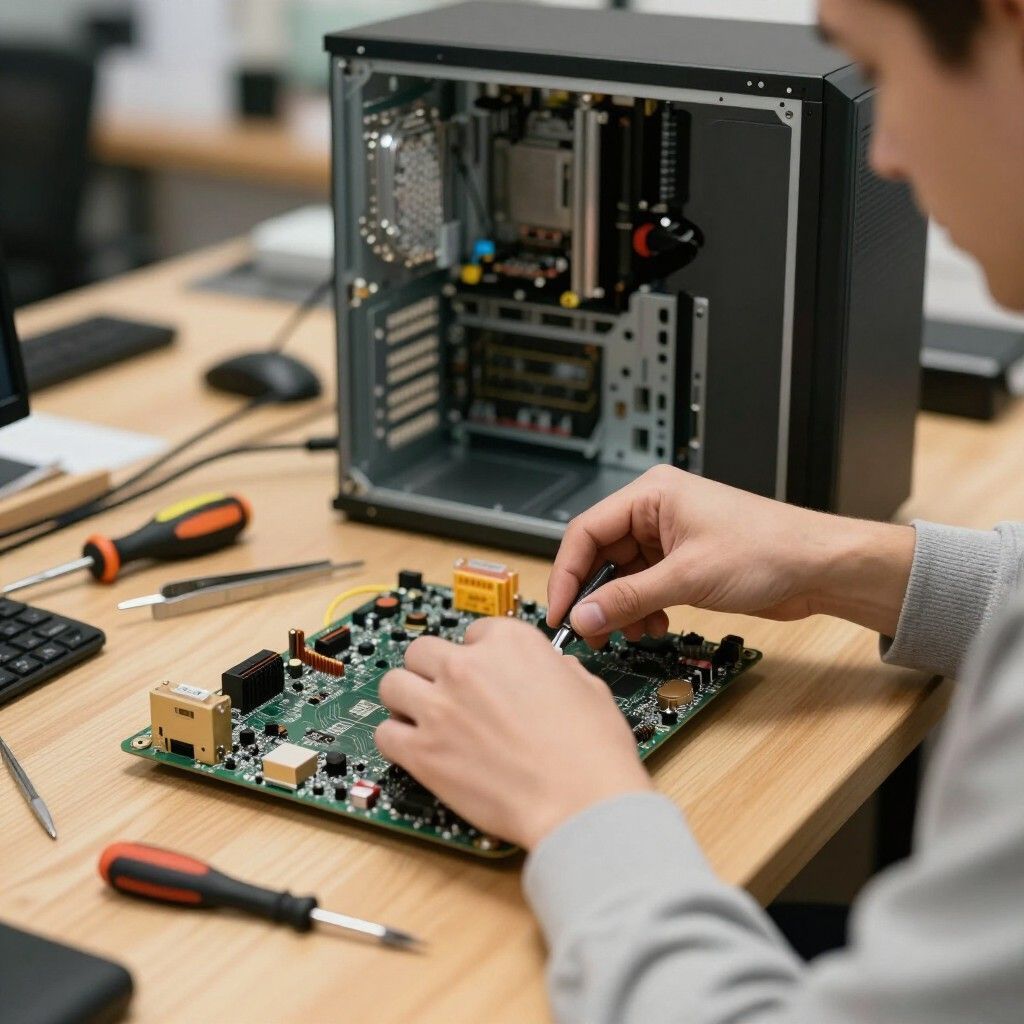 Un técnico ensambla una placa de circuito impreso junto a una computadora de escritorio abierta sobre un banco de trabajo.