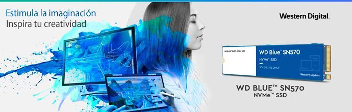 Anuncio de Western Digital con un portátil azul y una ilustración llamativa; a la derecha, la caja del producto WD Blue SSD.