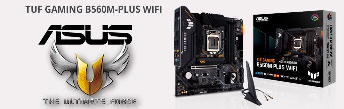 Promoción de la placa base ASUS TUF Gaming B560M-Plus WiFi con logotipo, caja y placa base sobre fondo blanco.